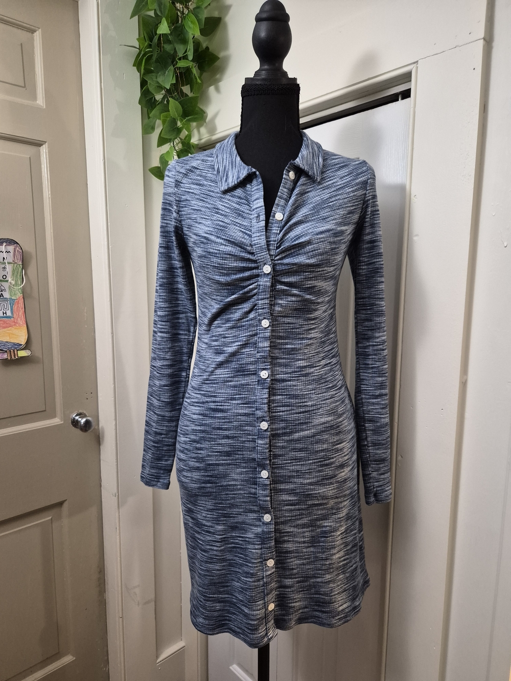 American Eagle Outfitters Blue Space-Dye Button-Front Long Sleeve Dress